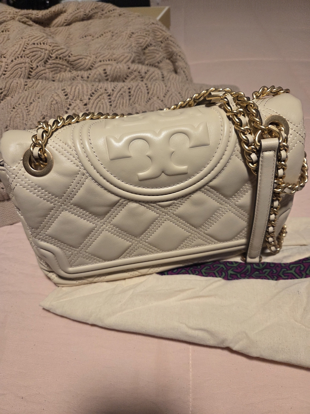 Tory Burch Cream Quilted Chain Shoulder Bag